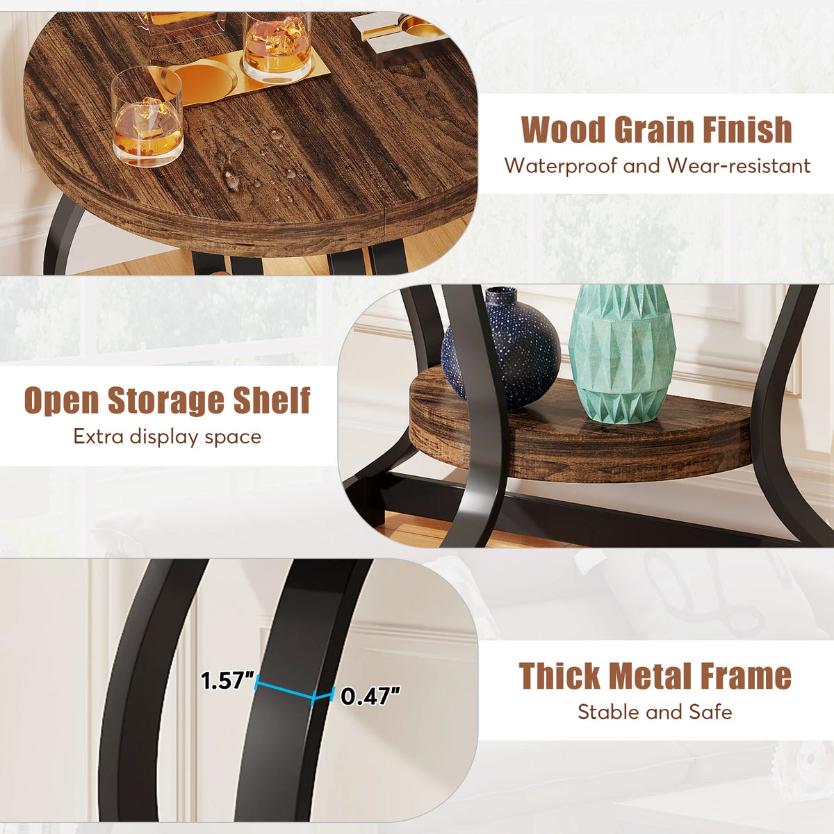 Half-Round 2-Tier Wooden Side Table with Metal Frame T847