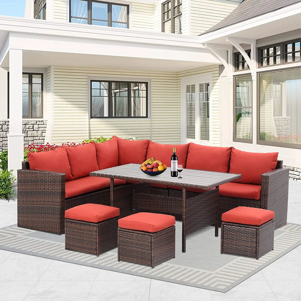 7 Pcs Beige PE Wicker Sectional Sofa Set with Dining Table Z949