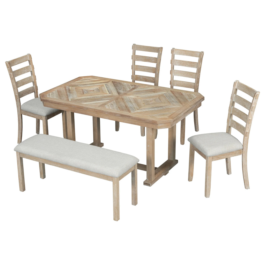 6 Piece Wood Dining Table Set with Bench and 4 Cushioned Chairs X23370