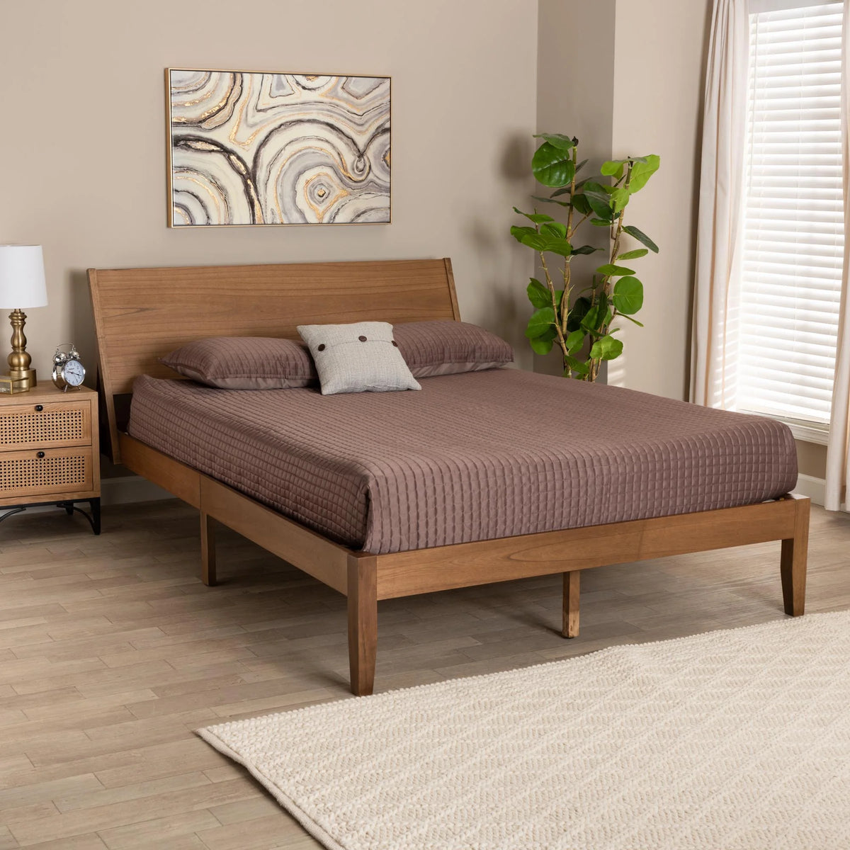 Walnut Brown Wood Queen Size Platform Bed T1484