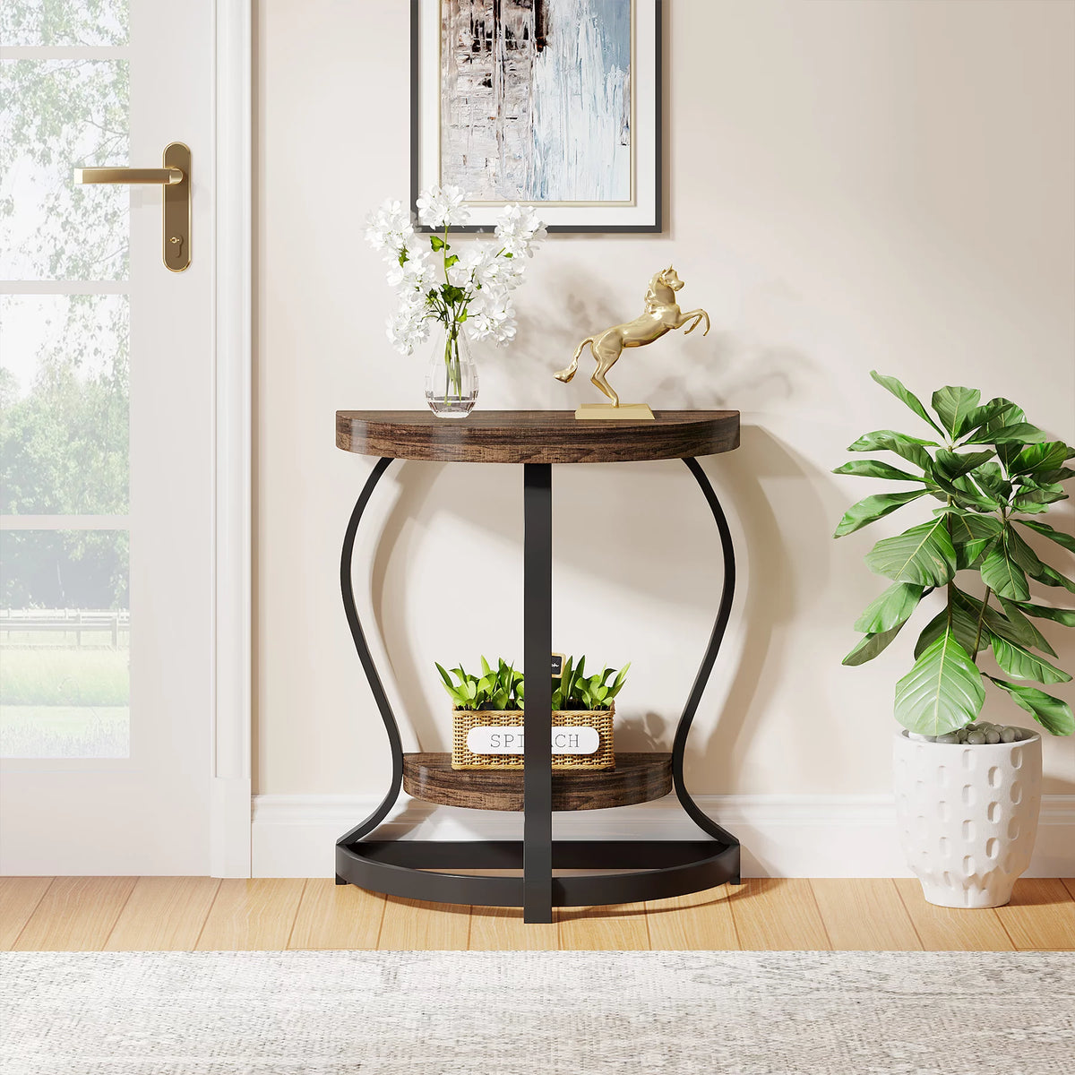 Half-Round 2-Tier Wooden Side Table with Metal Frame T847