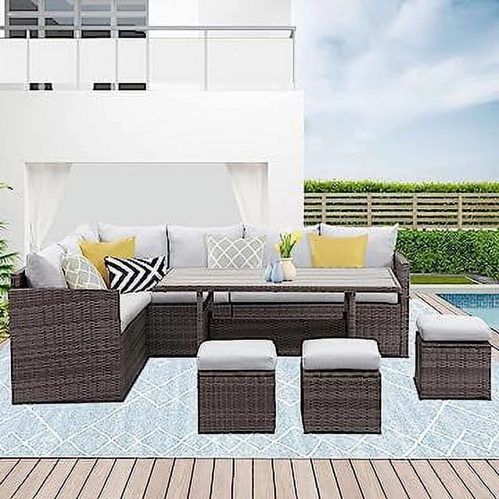 7 Pcs Beige PE Wicker Sectional Sofa Set with Dining Table Z949