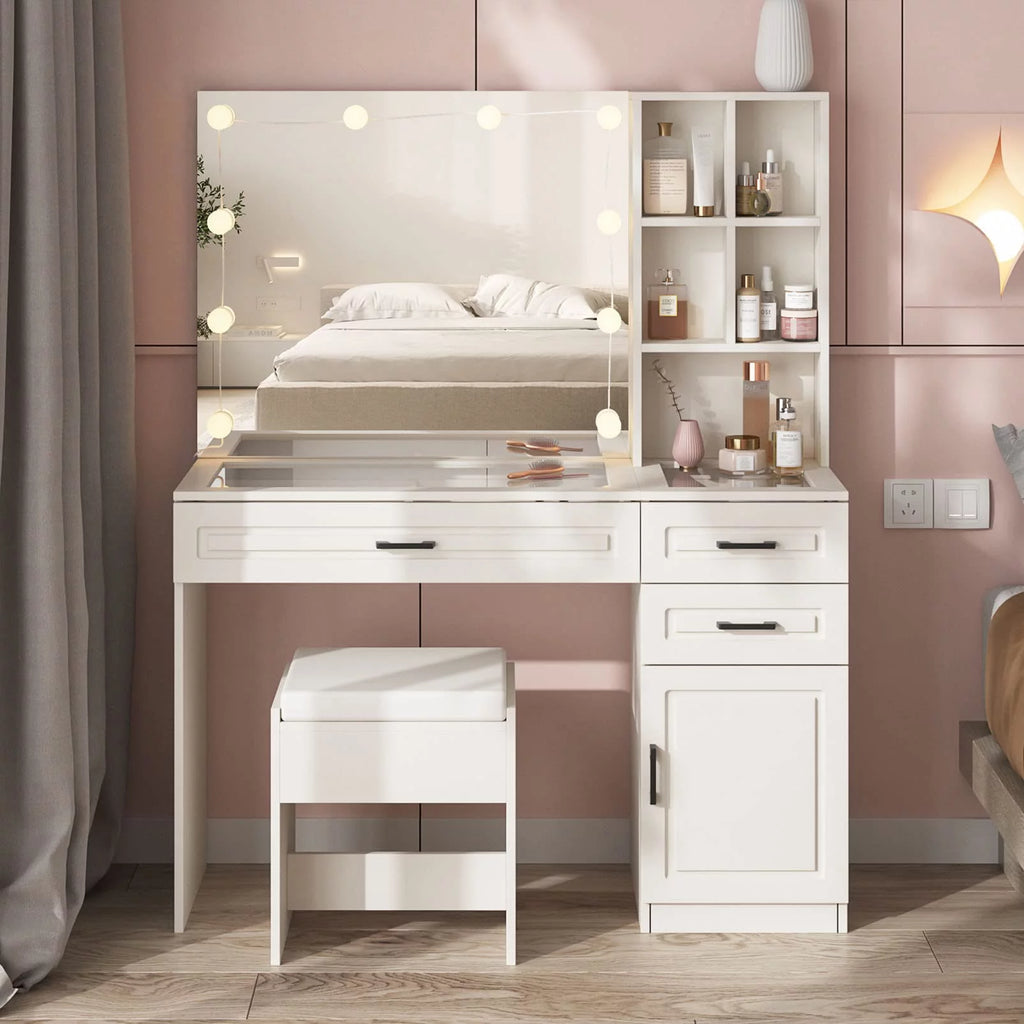 White 45in Vanity Desk Set with Lighted Mirror and Glass Desktop V9441