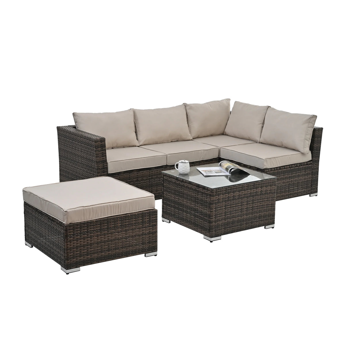 4 Piece All Weather Wicker Rattan Patio Sofa Set with Cushion and Glass Table L467078