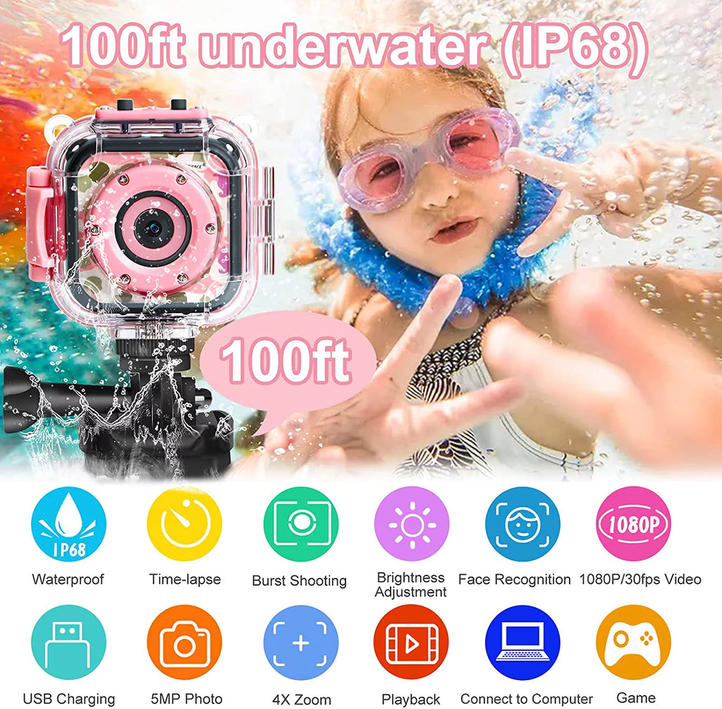Pink Kids Waterproof Digital Camera 1080P Z9872