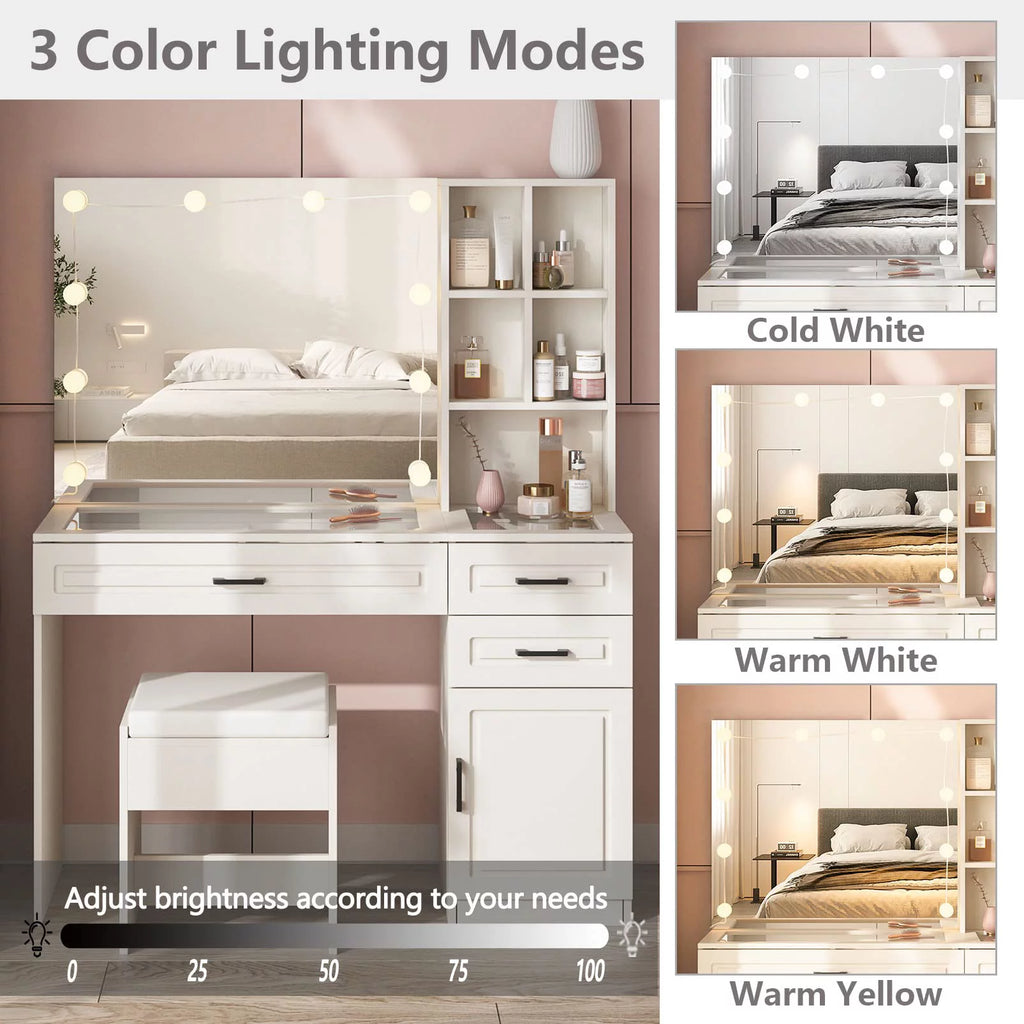 White 45in Vanity Desk Set with Lighted Mirror and Glass Desktop V9441