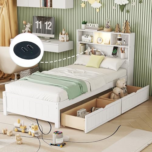 White Twin Size Platform Bed with Bookcase Headboard and 2 Storage Drawers Q7507