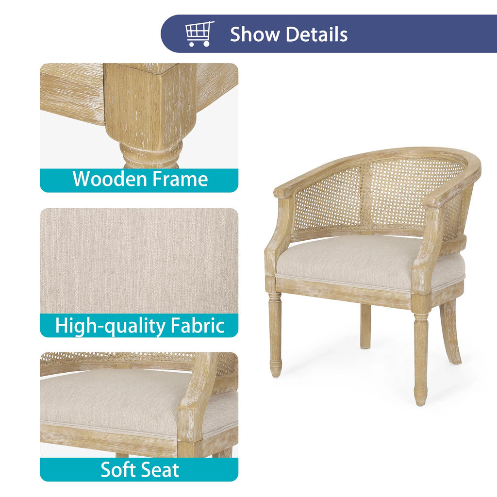 Beige Fabric Upholstered Wood and Cane Accent Chair T428