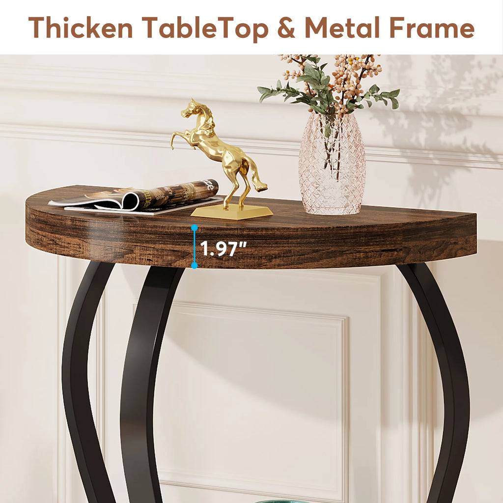 Half-Round 2-Tier Wooden Side Table with Metal Frame T847