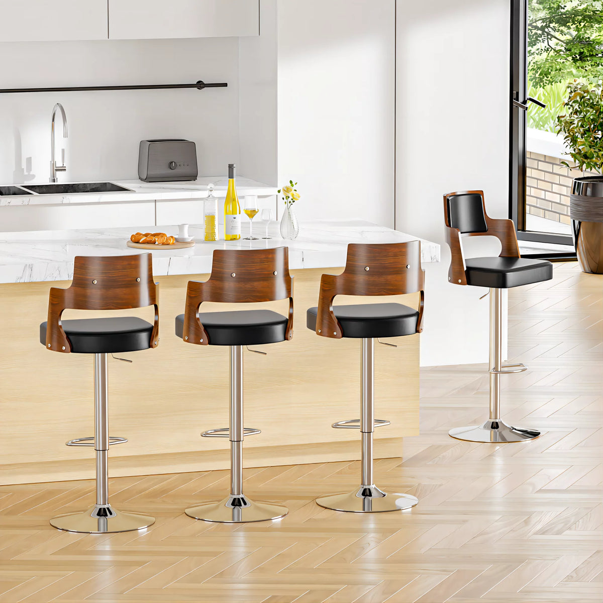 Walnut Bentwood Adjustable Swivel Bar Stools Set of 2 E566