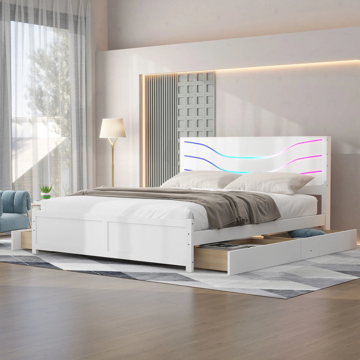 White Queen Size Wood Storage Platform Bed with 4 Drawers A171