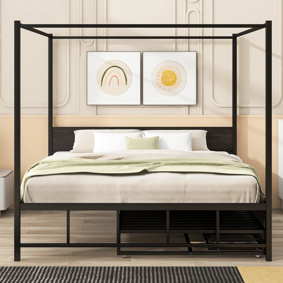 Queen Size Black Metal Canopy Platform Bed with Trundle and 3 Storage Drawers T43864