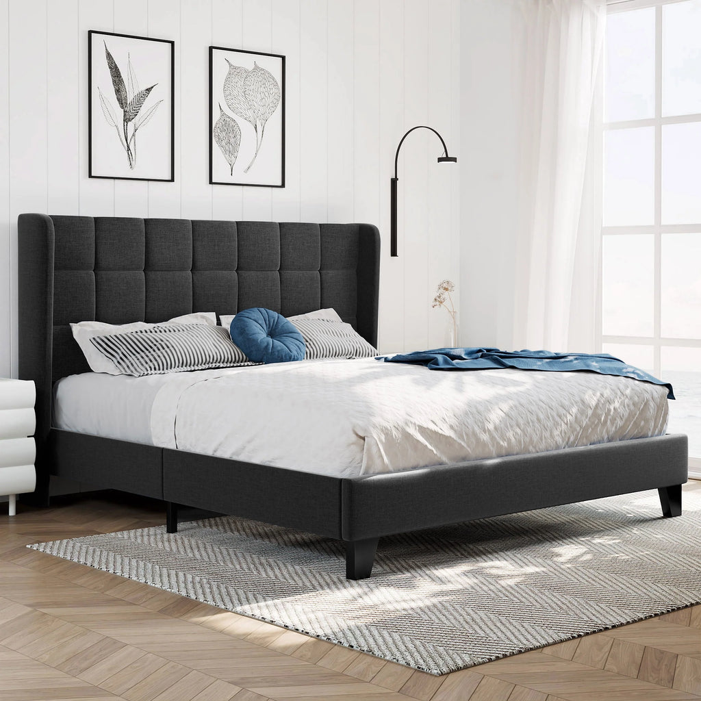 Queen Size Dark Grey Platform Bed with Wingback Headboard B49270