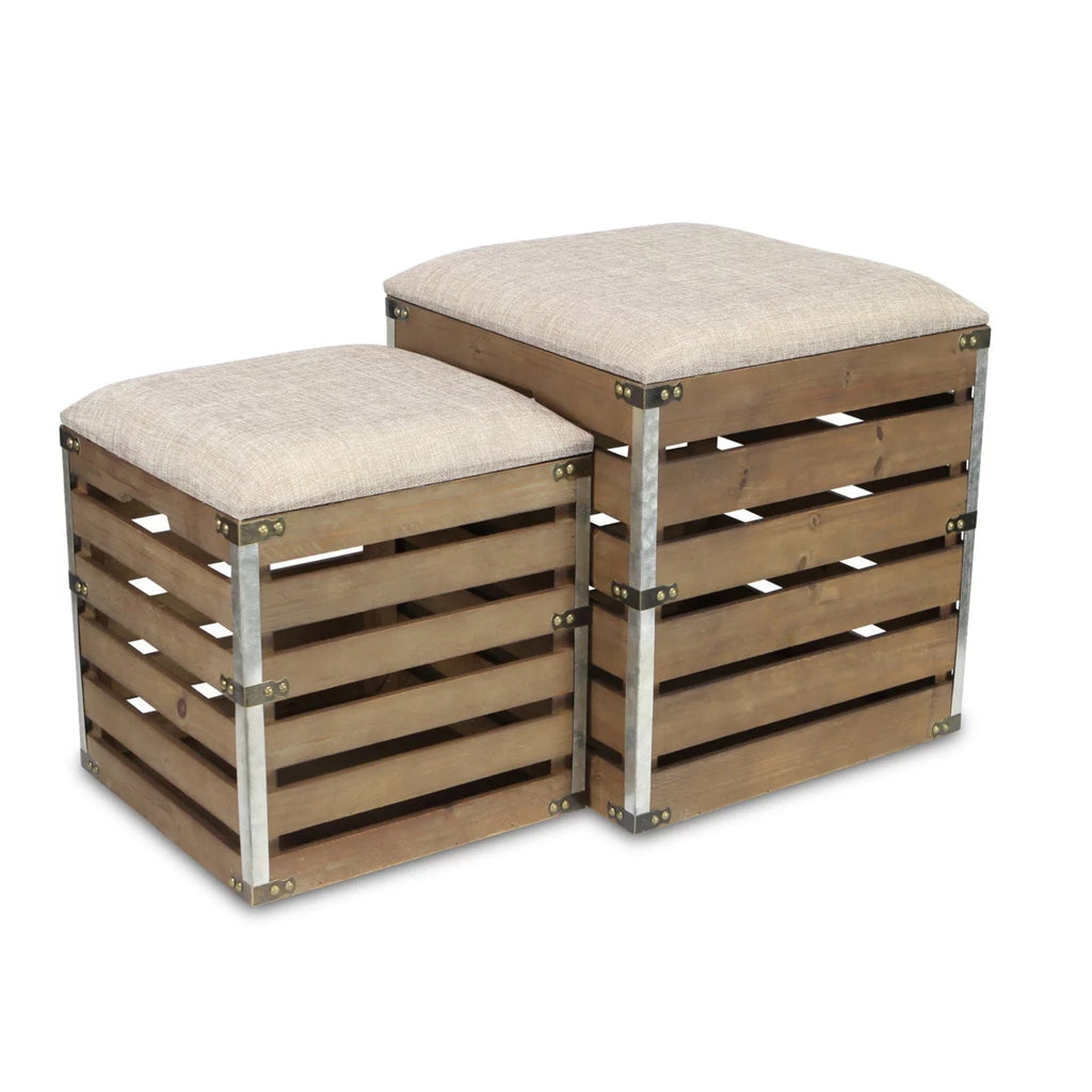 Wood Slat Storage Bench with Cushioned Lid Set Of 2 E58745