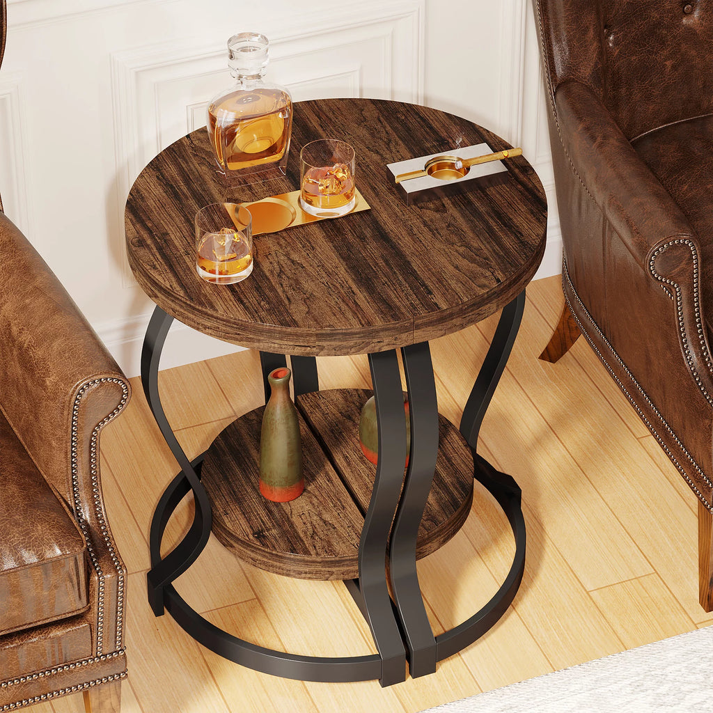Half-Round 2-Tier Wooden Side Table with Metal Frame T847