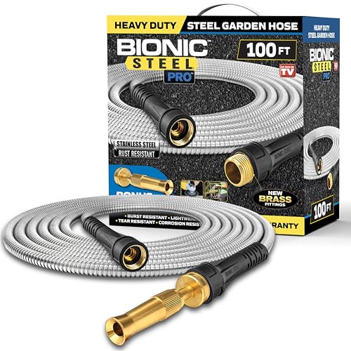 100 Ft Stainless Steel Garden Hose with Nozzle X7608
