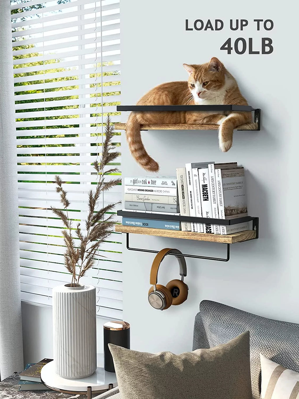 2 Pack Brown Wood Floating Shelves with Towel Bar U672