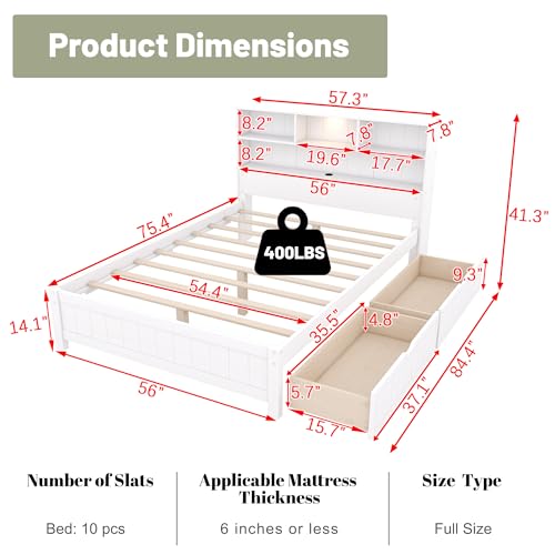 White Twin Size Platform Bed with Bookcase Headboard and 2 Storage Drawers Q7507