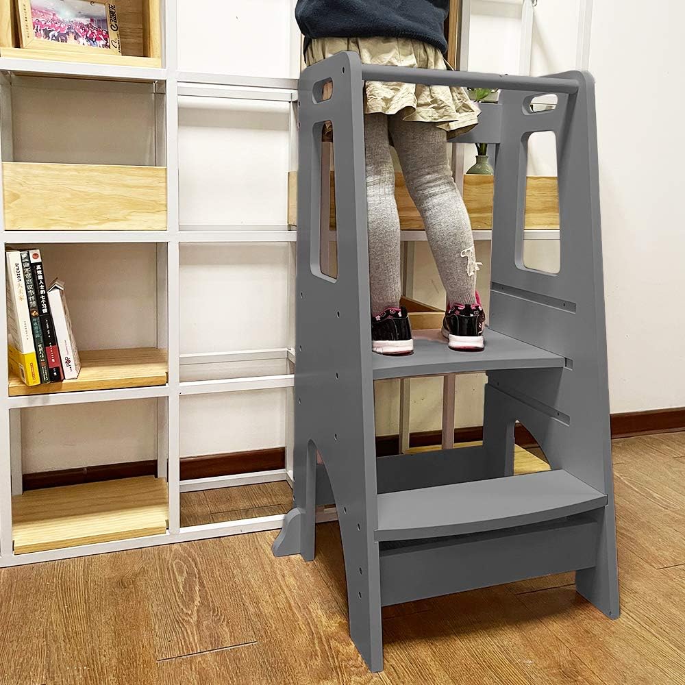 Adjustable Wooden Toddler Step Stool with Safety Handrail A346264