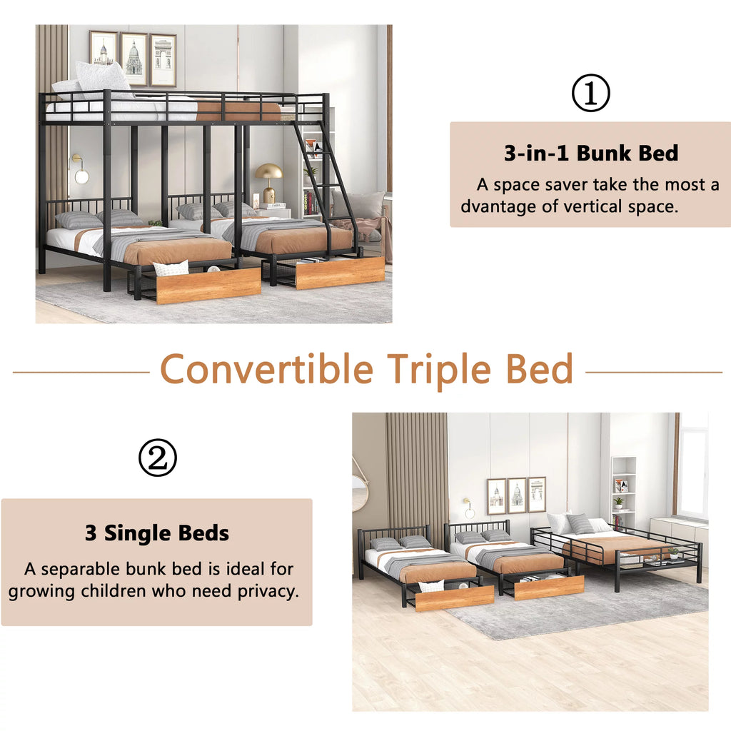 Black Metal Triple Bunk Bed with Storage Drawers Y8482