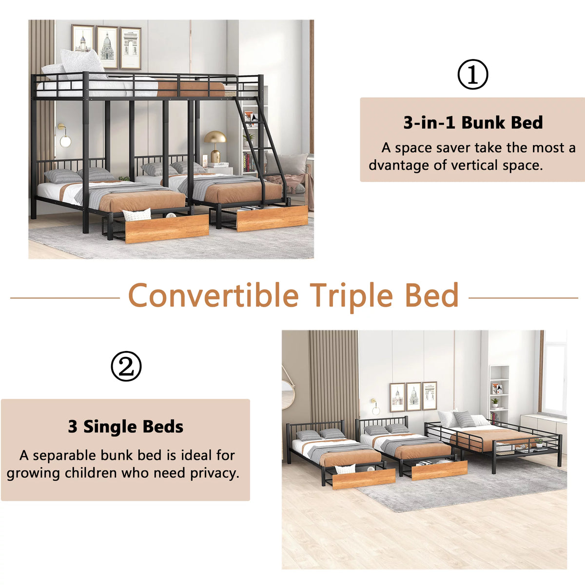 Black Metal Triple Bunk Bed with Storage Drawers Y8482