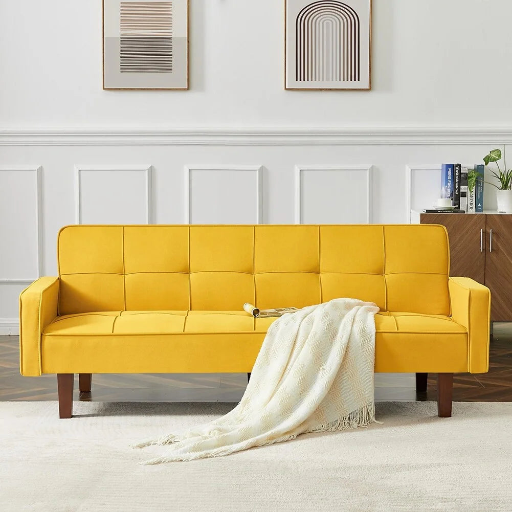 Yellow Linen Upholstered Sofa Bed with Solid Wood Feet Y32095