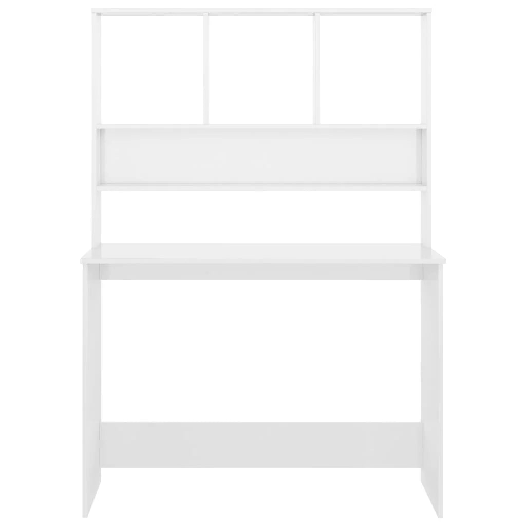 High Gloss White Engineered Wood Desk with Shelves D284