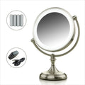 Lighted Makeup Mirror 9.5 Inch 1X 5X Magnifier Dimmable 360 Degree Double Sided LED Acrylic Edge Battery USB Powered Vanity U167052