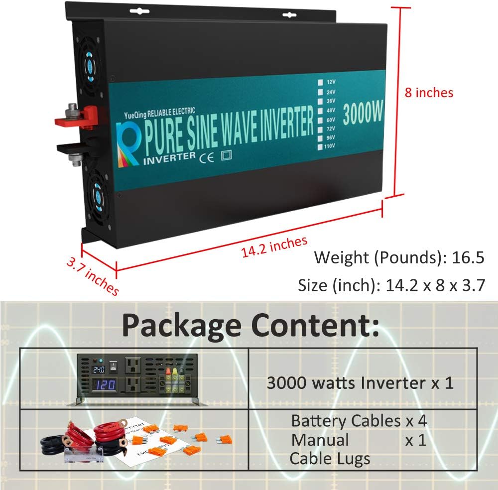 3000W 48V 120V Pure Sine Wave Power Inverter with 2 AC Outlets H341