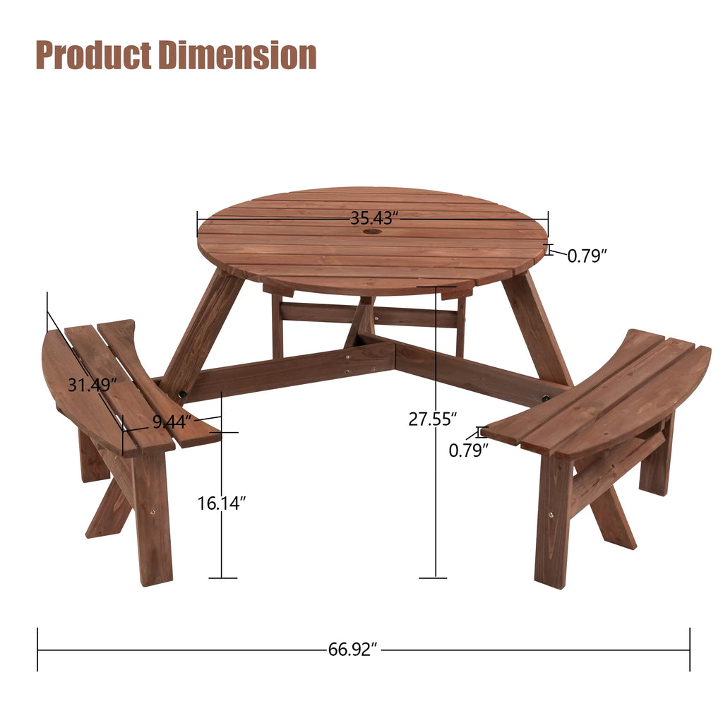 6-Person Circular Wooden Picnic Table with 3 Built-in Benches W282