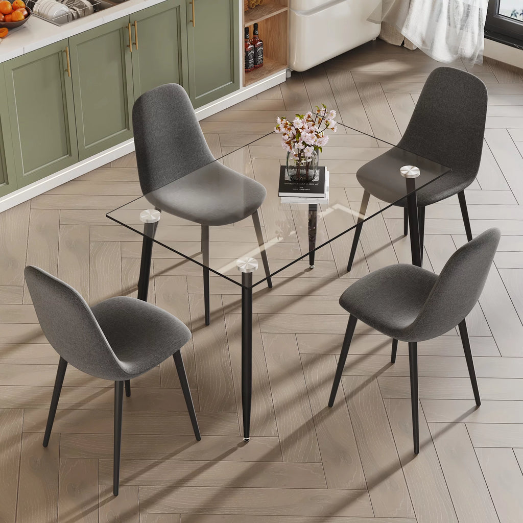 5 Piece Glass Top Dining Table Set with 4 Linen Chairs N788