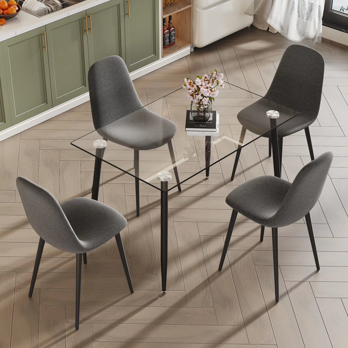 5 Piece Glass Top Dining Table Set with 4 Linen Chairs N788
