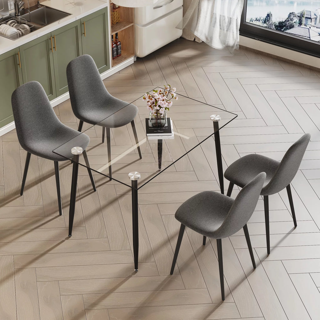 5 Piece Glass Top Dining Table Set with 4 Linen Chairs N788
