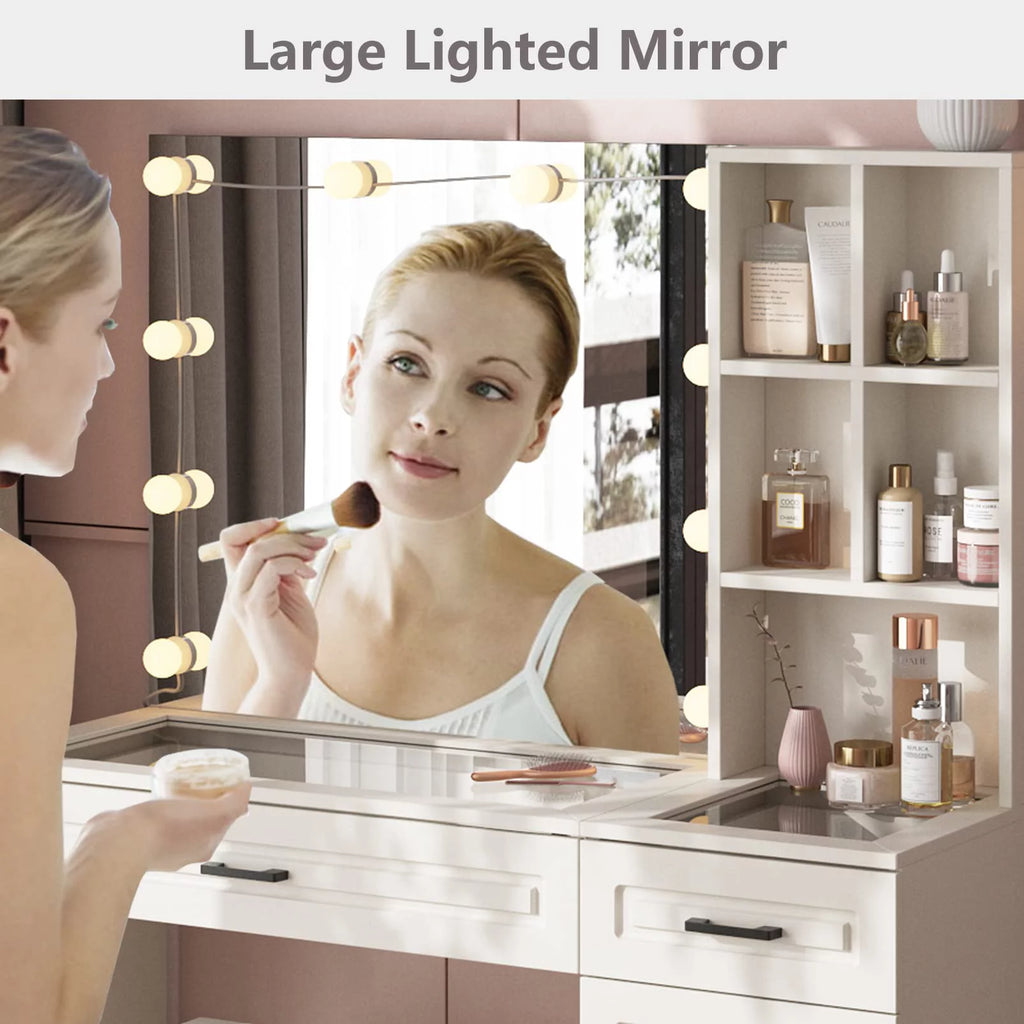 White 45in Vanity Desk Set with Lighted Mirror and Glass Desktop V9441