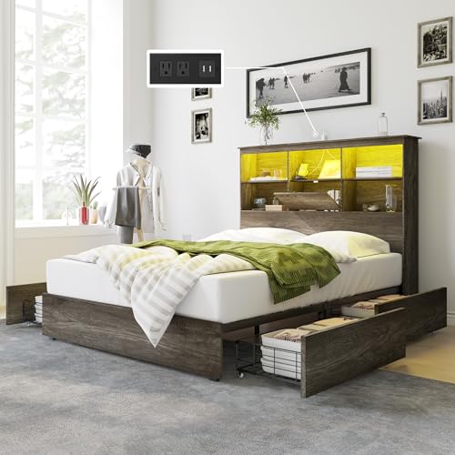King Size Wooden Platform Bed with Storage Headboard and 4 Drawers M97082