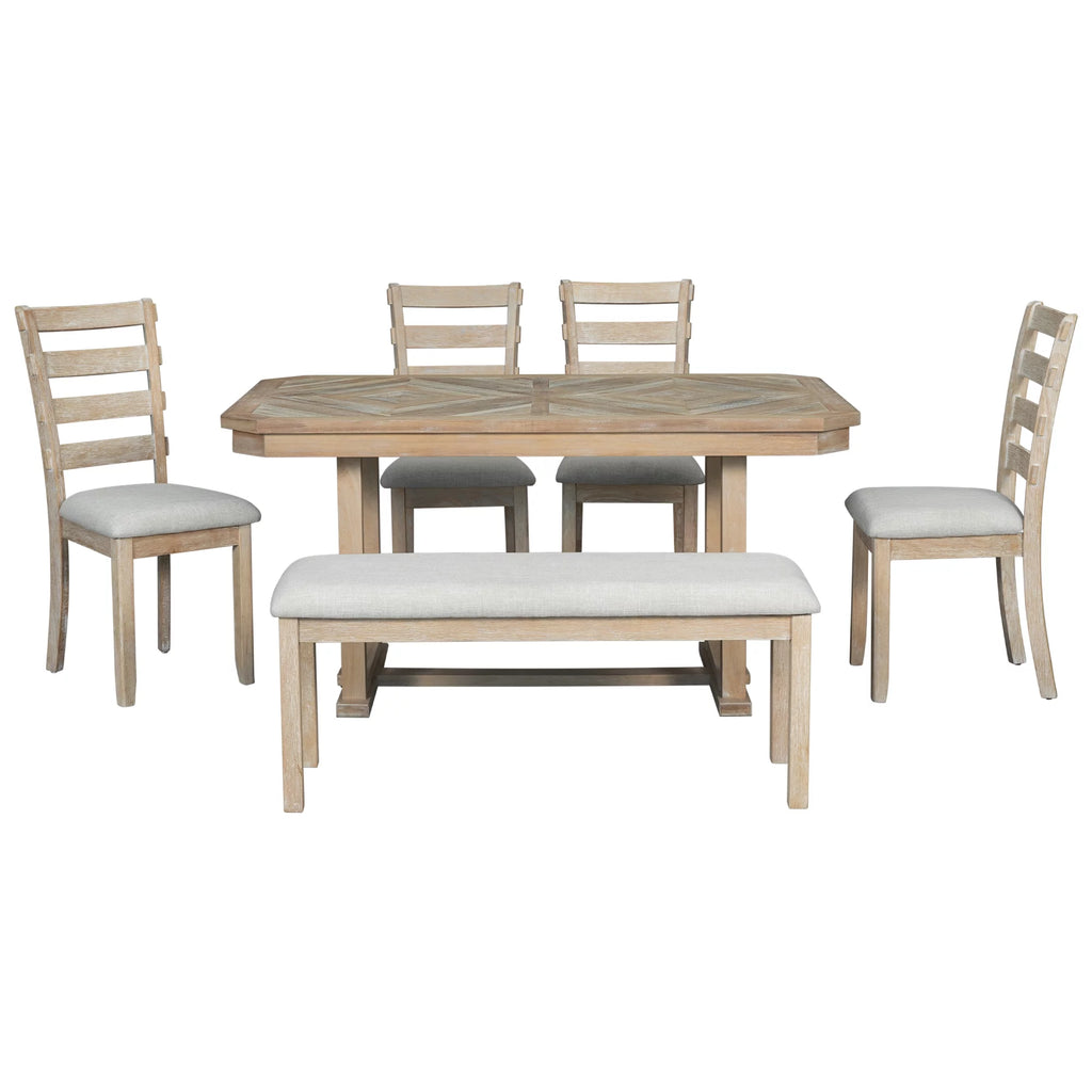 6 Piece Wood Dining Table Set with Bench and 4 Cushioned Chairs X23370