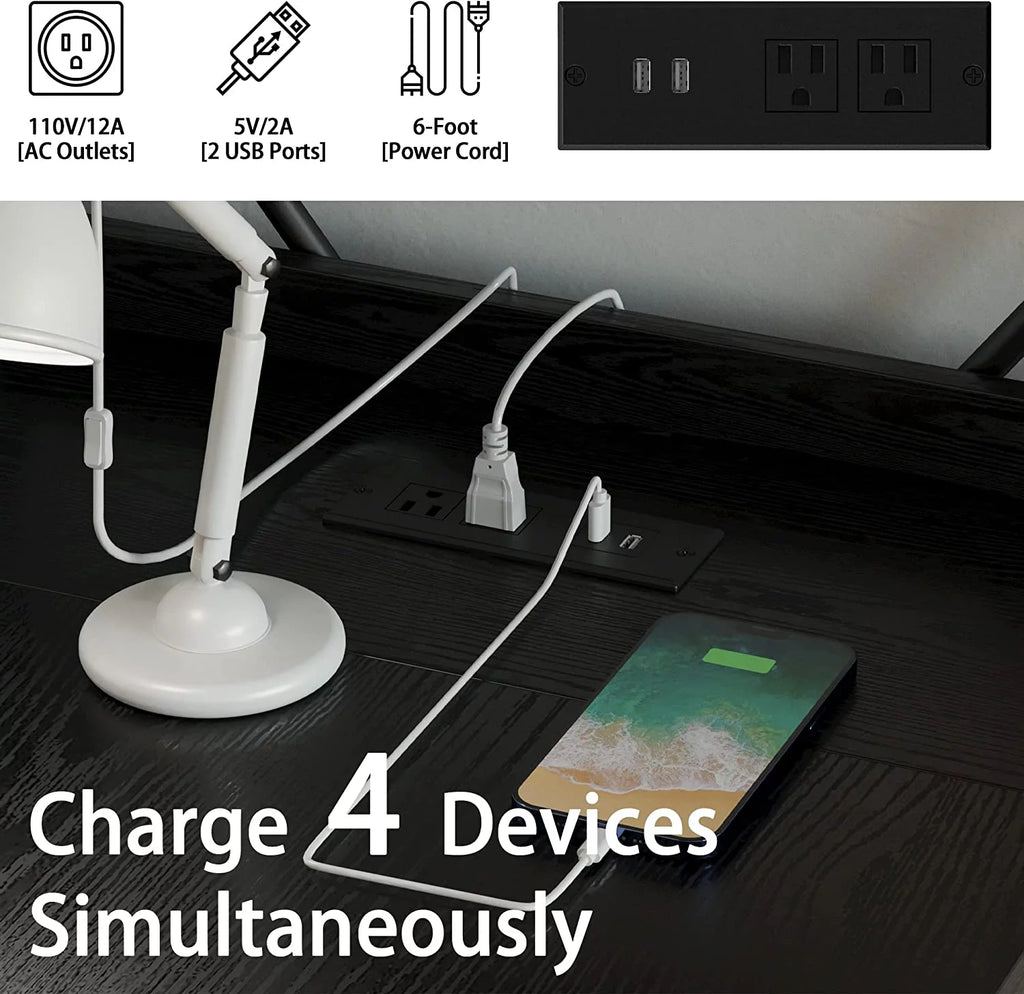 Black Computer Desk with Power Outlet and Storage Shelves J233