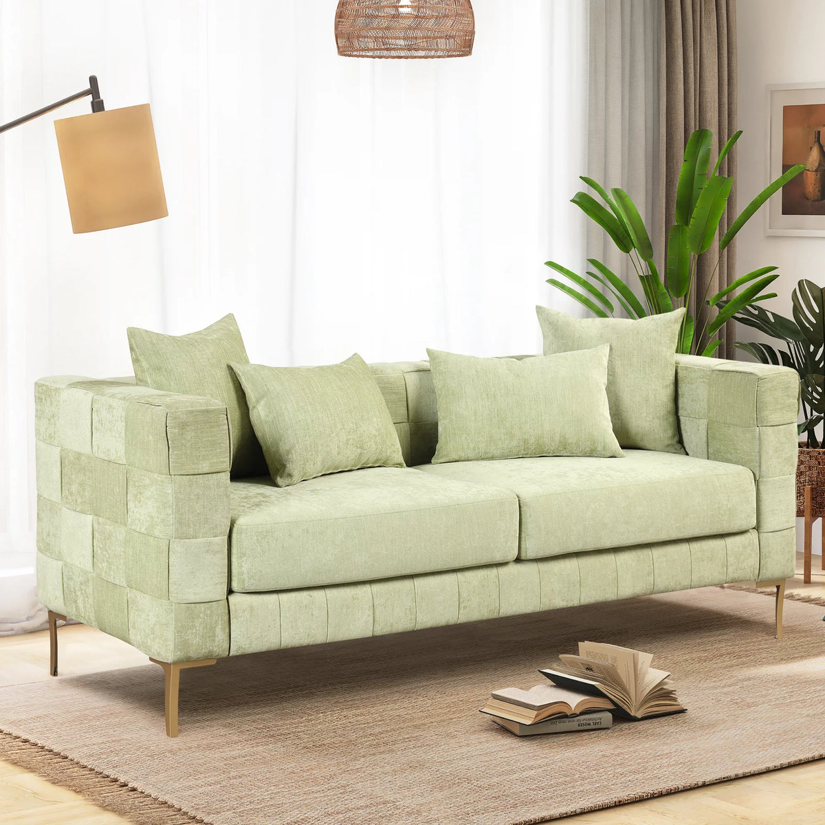 Green Chenille Upholstered 3-Seat Sofa Couch G10892