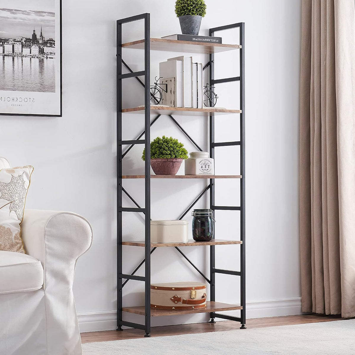 5 Tier Wood Bookshelf with Metal Frame Q19295