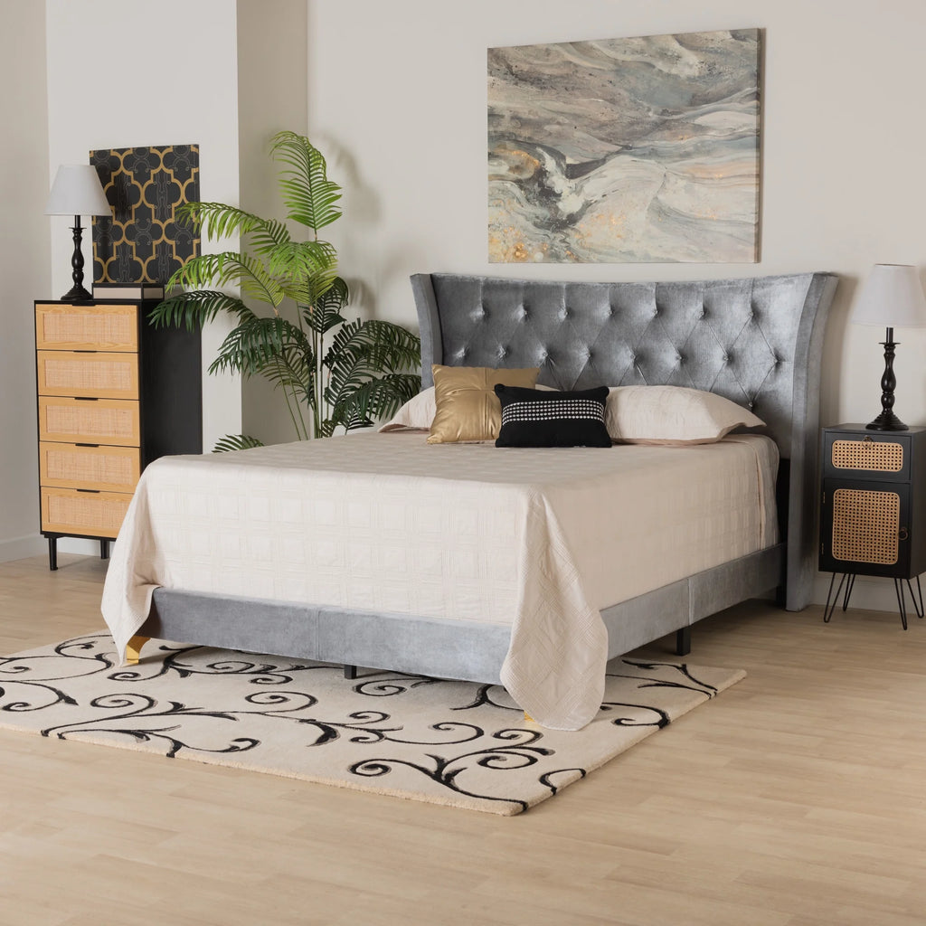 Grey Velvet and Gold Metal Queen Size Panel Bed Z693866