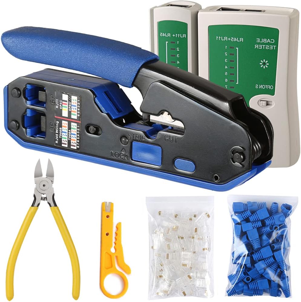 RJ45 Crimp Tool Kit with 50PCS Connectors and Wire Stripper B4548