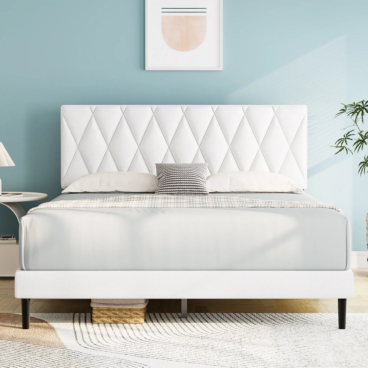 Queen Size Platform Bed with Upholstered Headboard Y873