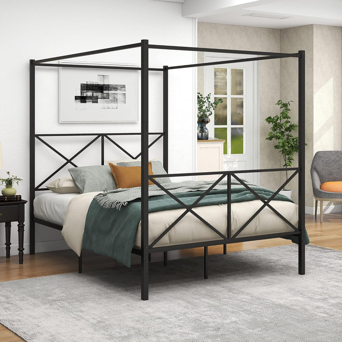 Queen Size Black Metal Canopy Bed Frame O2620