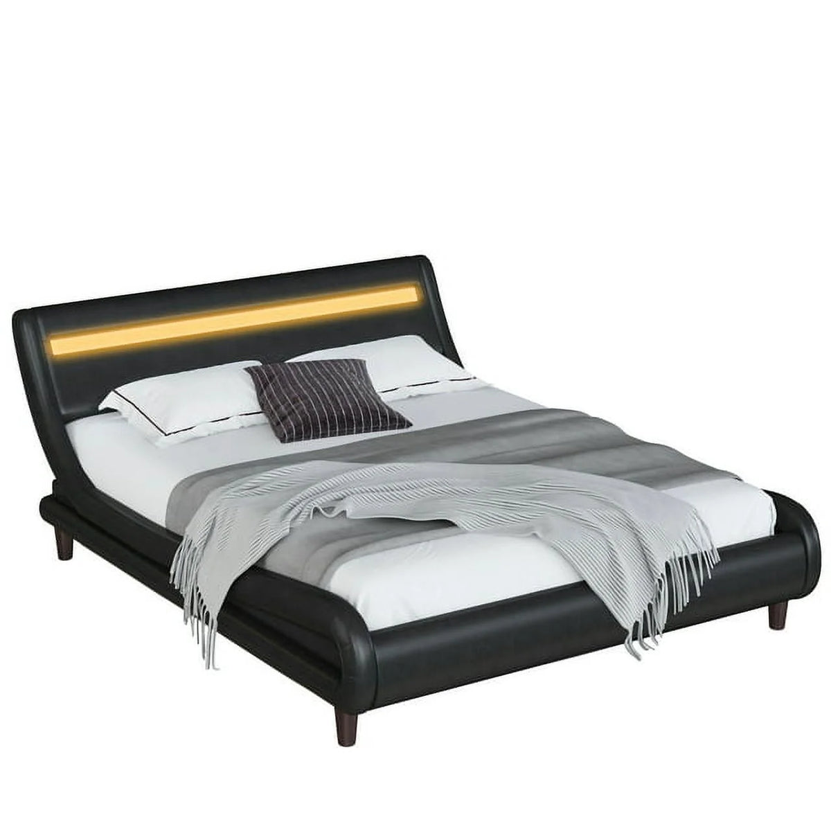 Queen Size Black PU Upholstered Platform Bed Frame with Adjustable Headboard C934031