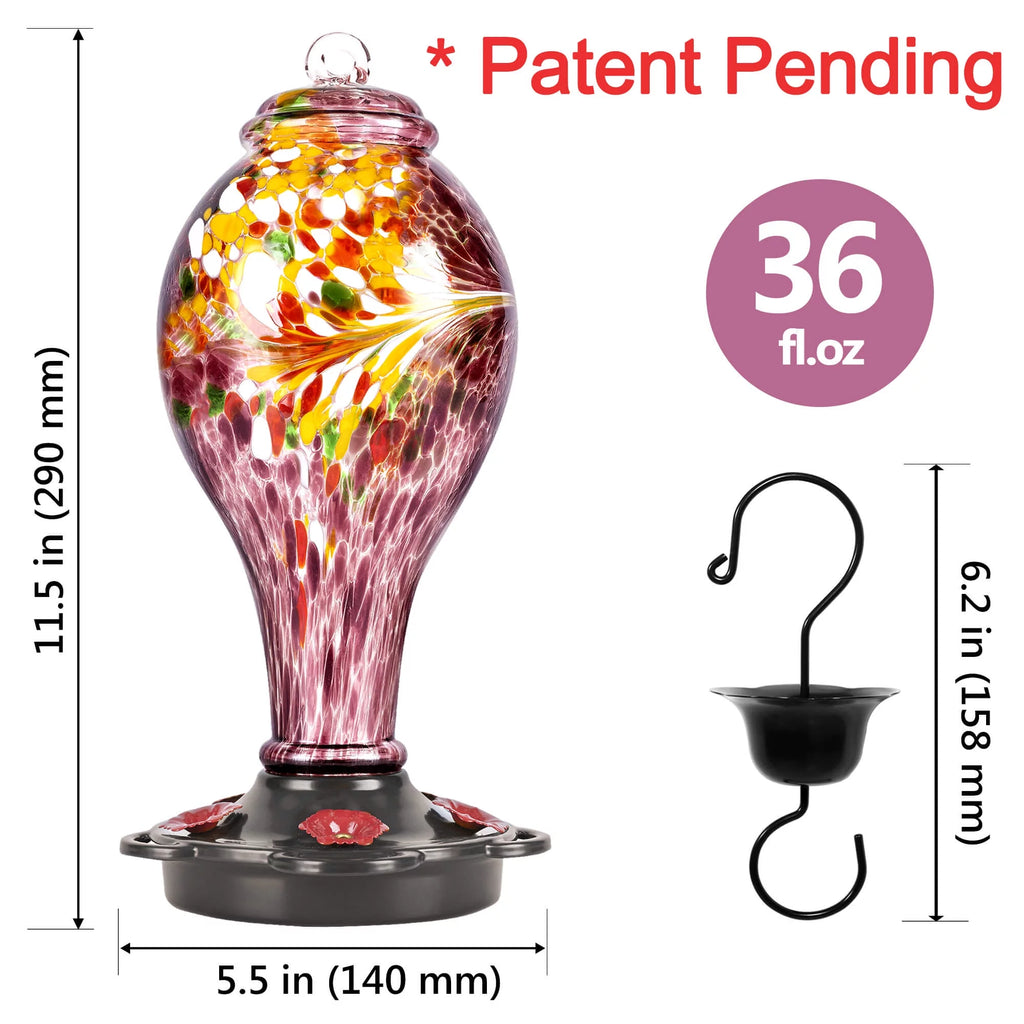Hand Blown Glass Hummingbird Feeder with Ant Guard, 36 fl.oz, 5 Feeding Ports H716