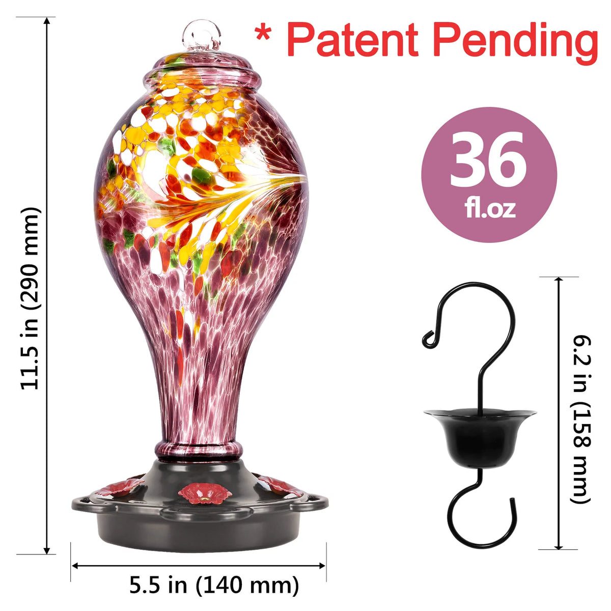 Hand Blown Glass Hummingbird Feeder with Ant Guard, 36 fl.oz, 5 Feeding Ports H716
