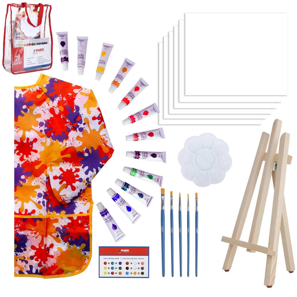 Acrylic Painting Kit with Storage Bag, Non Toxic Washable Paints, Wood Easel, Canvases, Brushes G370