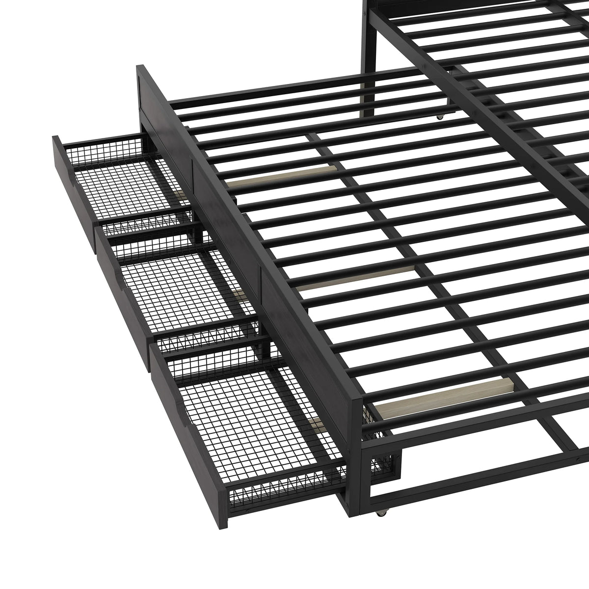 Queen Size Black Metal Canopy Platform Bed with Trundle and 3 Storage Drawers T43864
