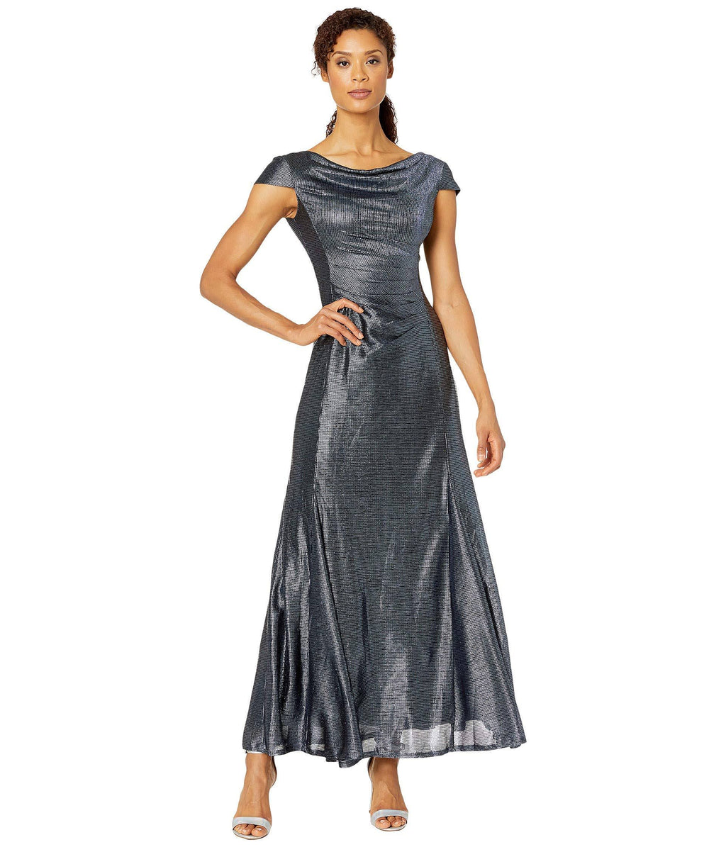 Long Cap-Sleeve Metallic Knit Gown K1663
