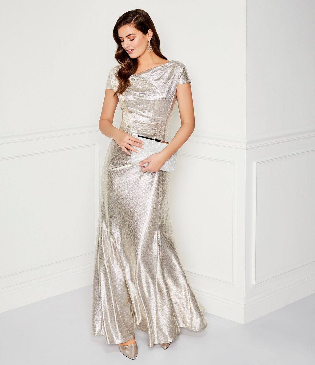 Long Cap-Sleeve Metallic Knit Gown K1663